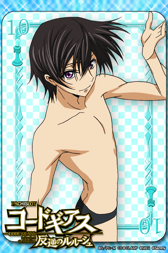 black_hair card_(medium) checkered checkered_background chess_piece code_geass lelouch_lamperouge looking_at_viewer male official_art purple_eyes solo speedo swimsuit violet_eyes