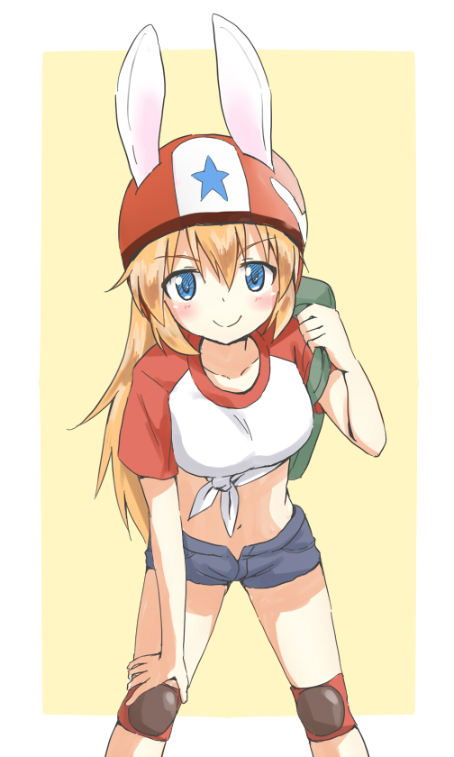 animal_ears backpack bag bent_over blonde_hair blue_eyes blush breasts brown_hair bunny_ears charlotte_e_yeager hand_on_knee hatopo_(beach7pijon) helmet knee_pads long_hair midriff navel rabbit_ears raglan_sleeves short_shorts shorts smile solo star strike_witches t-shirt tied_shirt young
