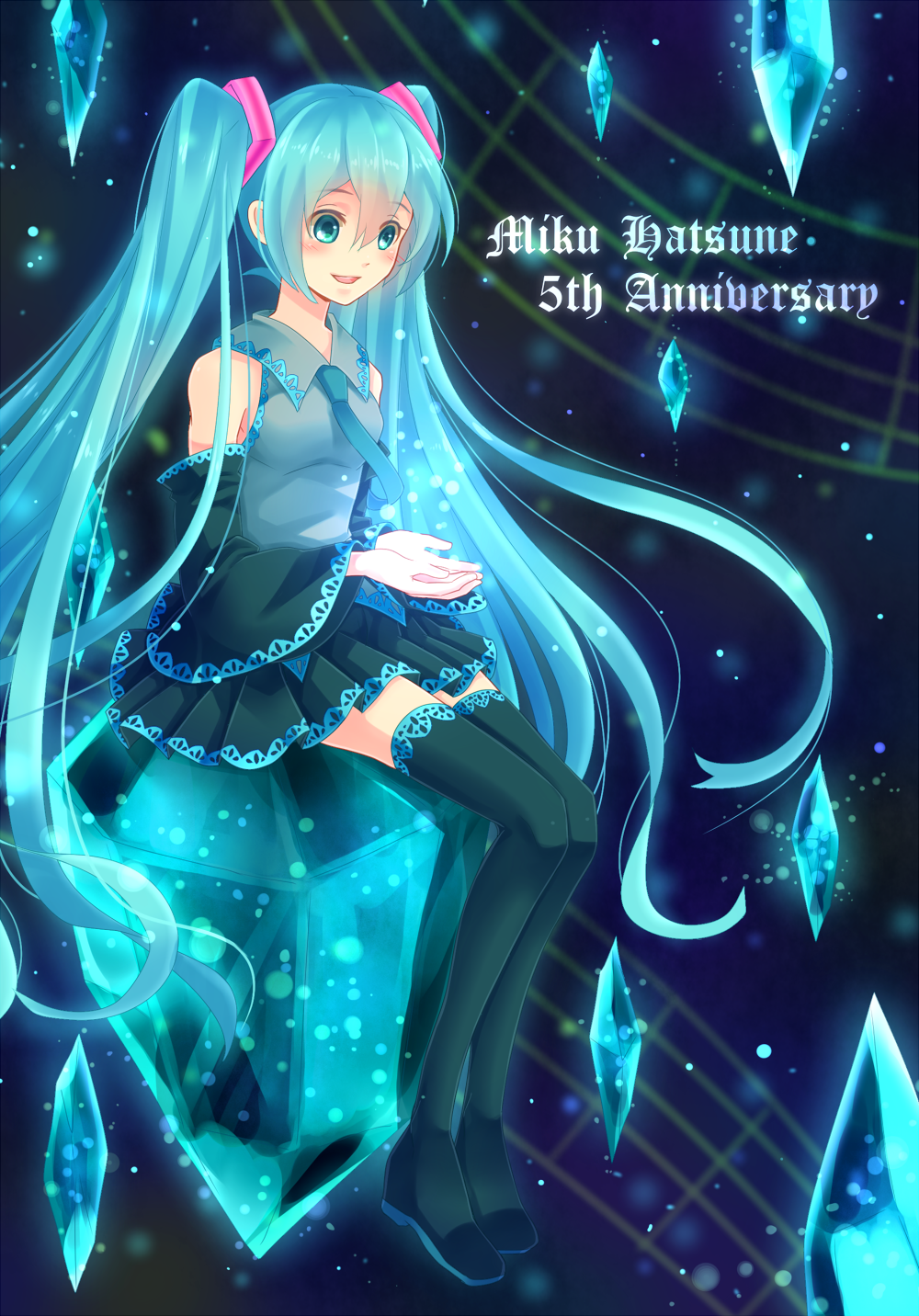 aqua_eyes aqua_hair boots character_name detached_sleeves hatsune_miku highres long_hair necktie sakuyabm sitting skirt solo thigh-highs thigh_boots thighhighs twintails very_long_hair vocaloid