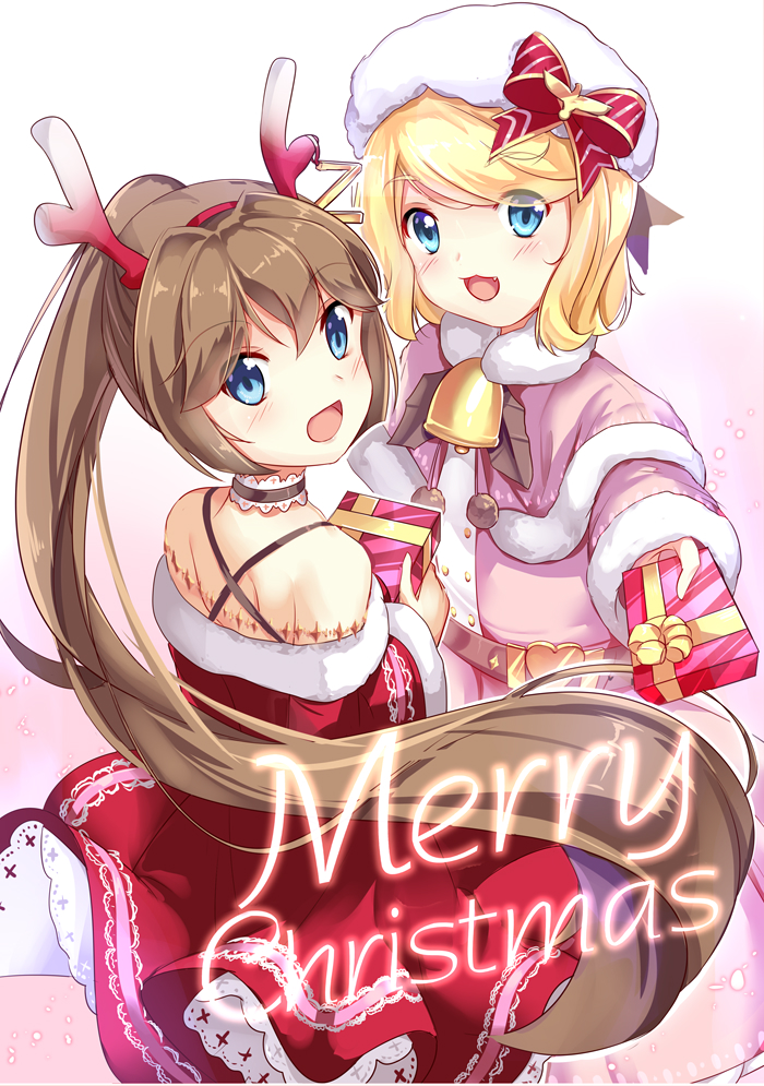 2girls :d antlers bare_shoulders bell belt blonde_hair blue_eyes blush bow box brown_hair buttons capelet choker christmas dress eyebrows_visible_through_hair fang fur_trim gift gift_box gradient gradient_background hair_ornament hat holding holding_gift jacknavy long_hair long_sleeves looking_at_viewer looking_back merry_christmas multiple_girls open_mouth outstretched_arm pink_background pink_coat ponytail red_bow red_dress red_ribbon reindeer_antlers ribbon short_hair smile text white_background white_hat z16_friedrich_eckoldt_(zhan_jian_shao_nyu) z1_leberecht_maass_(zhan_jian_shao_nyu) zhan_jian_shao_nyu