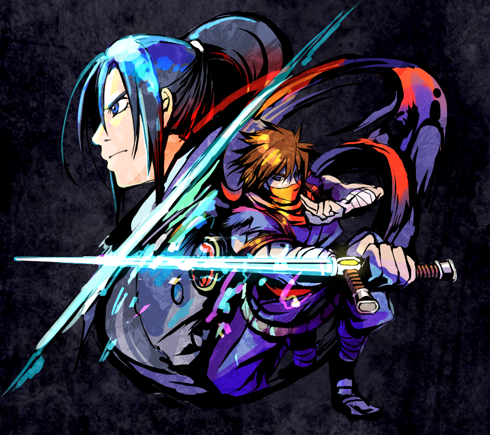 80s 90s 9tt6 blue_eyes blue_hair brown_hair glowing glowing_weapon mask multiple_boys ninja oldschool plasma_sword ponytail scarf science_fiction strider_(video_game) strider_hien strider_hiryuu sword tonfa video_game weapon