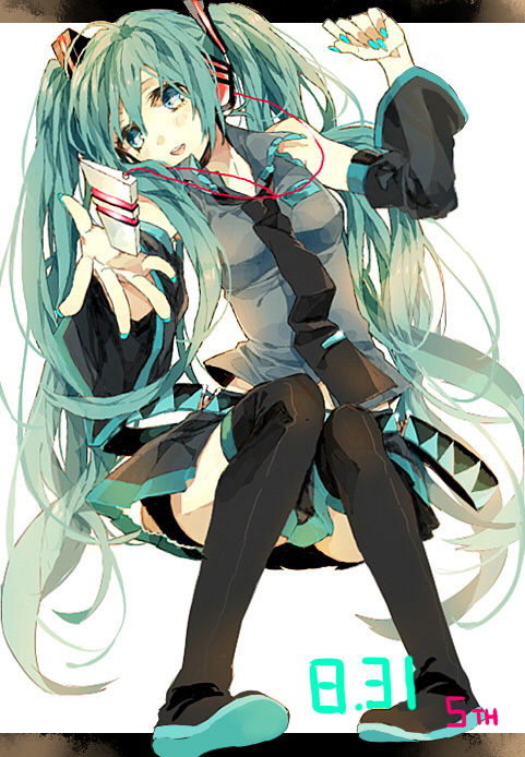 belt boots detached_sleeves digital_media_player green_eyes green_hair hatsune_miku headphones letterboxed long_hair nail_polish necktie sitting skirt solo thigh-highs thigh_boots thighhighs twintails very_long_hair vocaloid wonoco0916