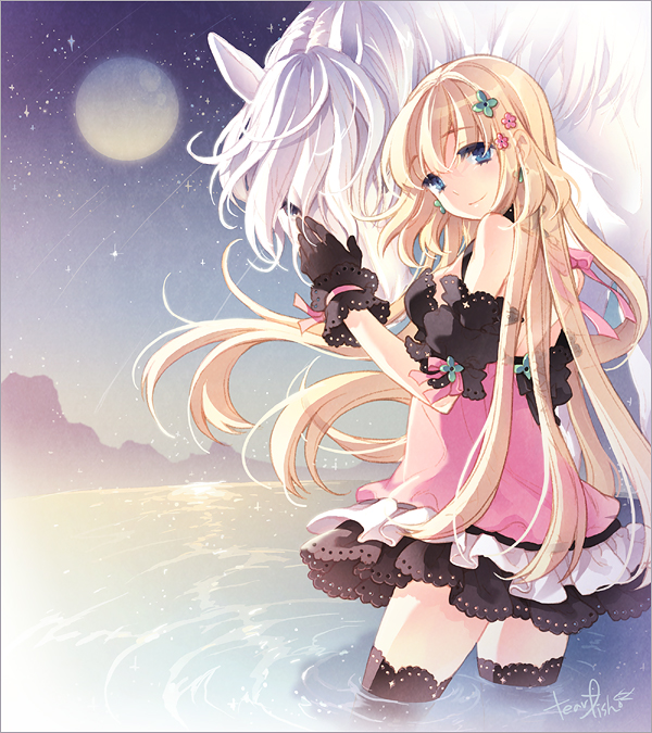 artist_name bare_shoulders black_gloves black_legwear blonde_hair blue_eyes border dress full_moon gloves horse long_hair moon night night_sky original partially_submerged signature sky smile solo star_(sky) starry_sky tearfish thigh-highs thighhighs wading water zettai_ryouiki