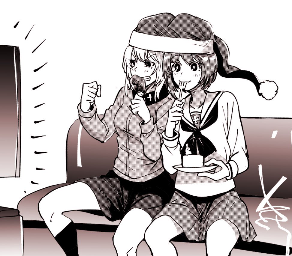 2girls bonkara_(sokuseki_maou) cake chicken_(food) chicken_leg clenched_hand comic commentary_request couch eating food food_in_mouth fork girls_und_panzer hand_up hat holding holding_food holding_fork itsumi_erika leaning_on_person long_sleeves military military_uniform monochrome multiple_girls neckerchief nishizumi_miho plate pleated_skirt pom_pom_(clothes) ribbon santa_hat school_uniform serafuku shared_clothes sitting skirt smile television uniform watching_television
