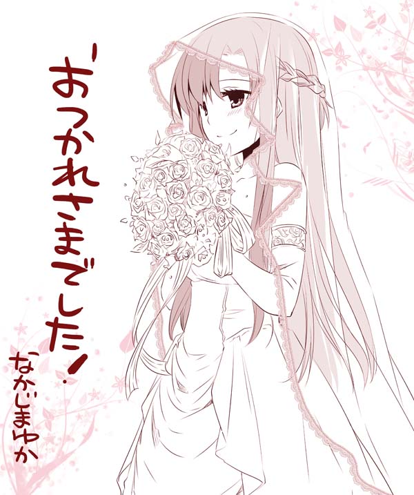 bouquet bridal_veil dress elbow_gloves flower gloves half_updo long_hair monochrome nakajima_yuka sword_art_online veil wedding_dress