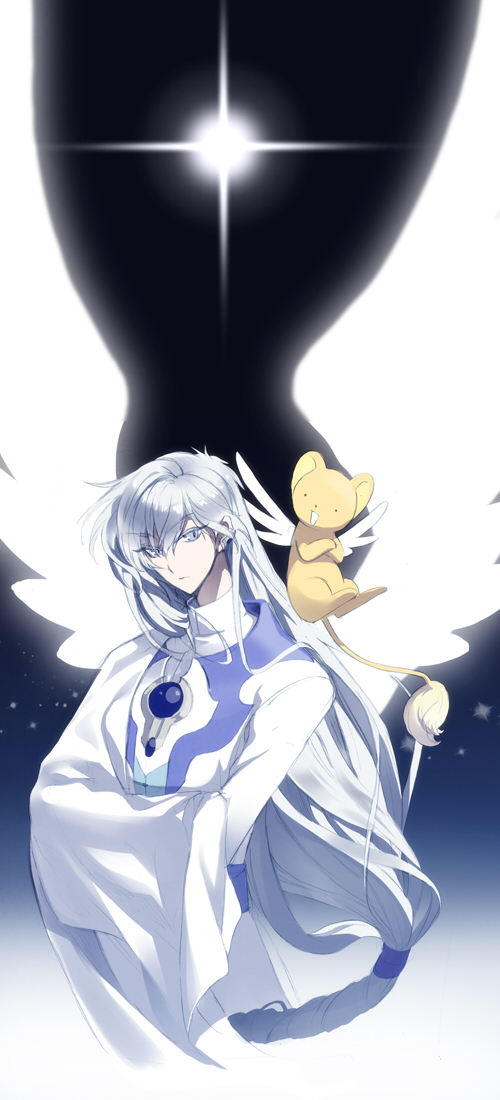 angel_wings blue_eyes bun-o card_captor_sakura cardcaptor_sakura kero long_hair star white_hair wings yue_(ccs)
