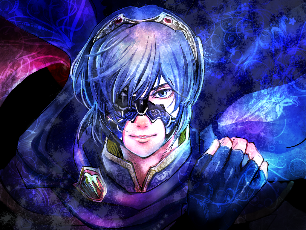 9tt6 blue_eyes blue_hair cape fingerless_gloves fire_emblem fire_emblem:_kakusei gloves marth mask solo tiara
