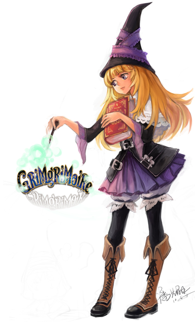 1girl blonde_hair blue_eyes book_hug boots grimgrimoire hat lillet_blan long_hair nonoye official_style pantyhose signature simple_background solo title_drop white_background wizard_hat