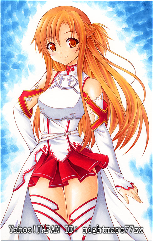 asuna_(sao) bare_shoulders blush breastplate brown_eyes brown_hair detached_sleeves long_hair nightmare77zx skirt smile solo sword_art_online thigh-highs thighhighs traditional_media