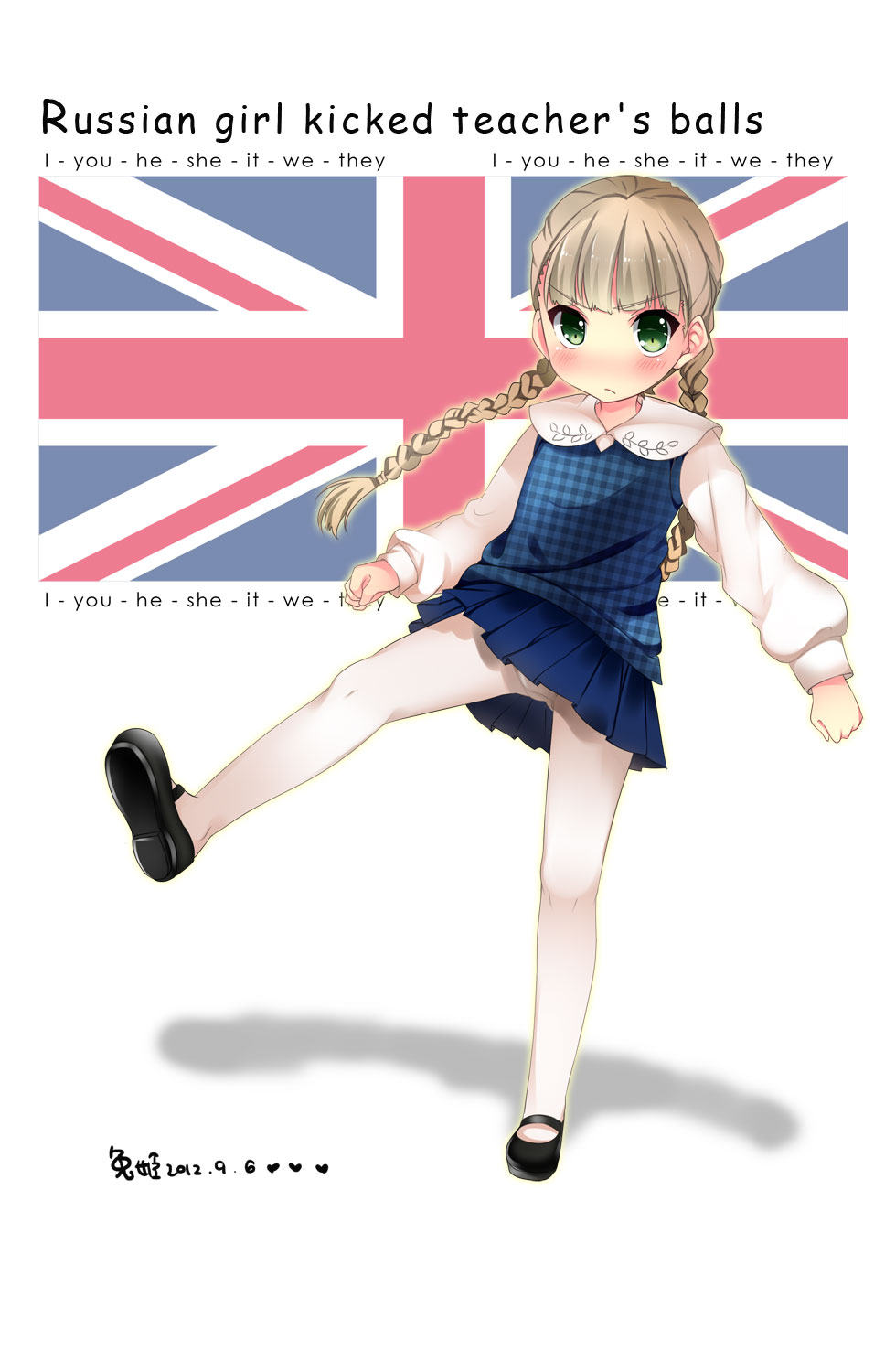 blush braid brown_hair comic_sans dated duji_amo english engrish flag green_eyes highres kicking long_hair mary_janes original panties panties_under_pantyhose pantyhose ranguage shoes signature skirt twin_braids twintails underwear union_jack white_legwear