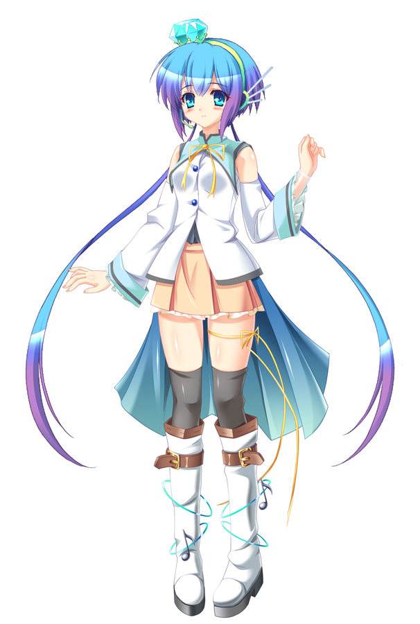 1girl aoki_lapis blue_eyes blue_hair blush boots cloak detached_sleeves diamond hair_ornament headset irie_sekine long_hair looking_at_viewer multicolored_hair purple_hair ribbon simple_background skirt smile solo standing thigh-highs thighhighs tourmaline twintails vocaloid white_background