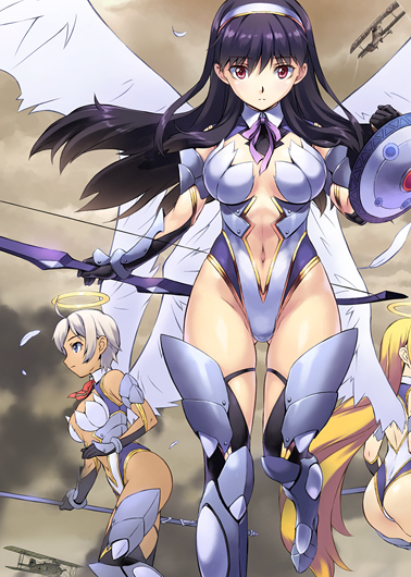 airplane angel angel_wings black_gloves black_hair blonde_hair blue_eyes boots bow_(weapon) breasts copyright_request feathered_wings feathers gauntlets gloves greaves hairband halo highleg long_hair multiple_girls navel red_eyes shield short_hair silver_hair thigh-highs thigh_boots thighhighs uchiu_kazuma very_long_hair weapon wings