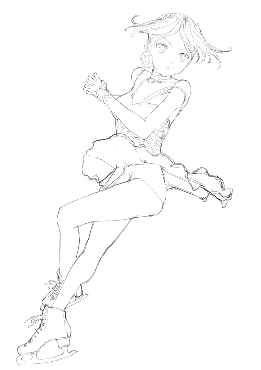 copyright_request figure_skating highres ice_skates jumping lineart monochrome nakaba_reimei skates solo