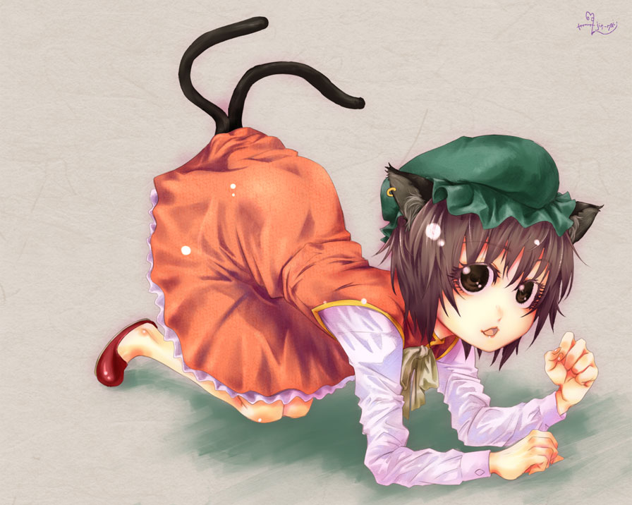 animal_ears brown_eyes brown_hair cat_ears cat_tail catgirl chen earrings hat jewelry jin_nai long_sleeves multiple_tails open_mouth short_hair solo tail touhou