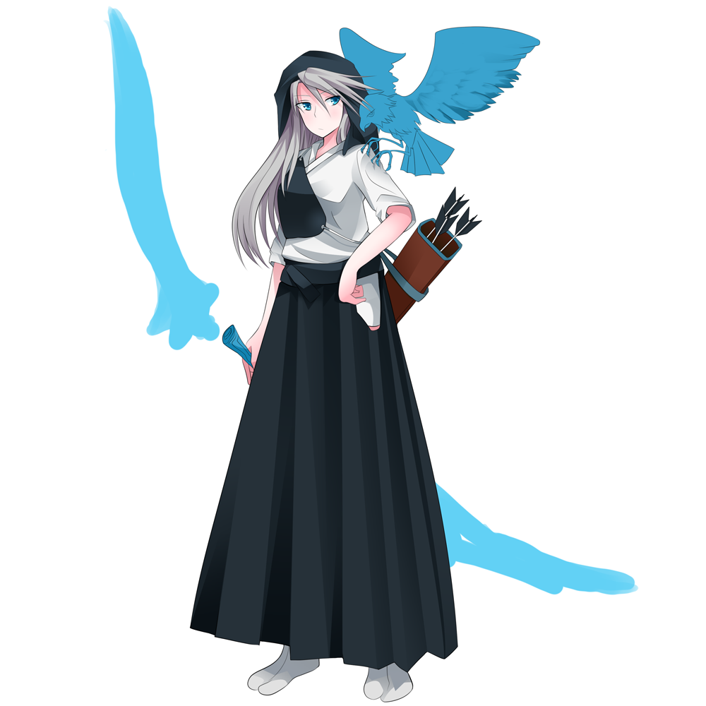 alternate_costume arrow ashe_(league_of_legends) bird blue_eyes blush bow_(weapon) eagle falcon hakama hand_on_hip hood japanese_clothes league_of_legends long_hair mizunaka muneate quiver side_slit silver_hair simple_background skirt solo weapon white_background