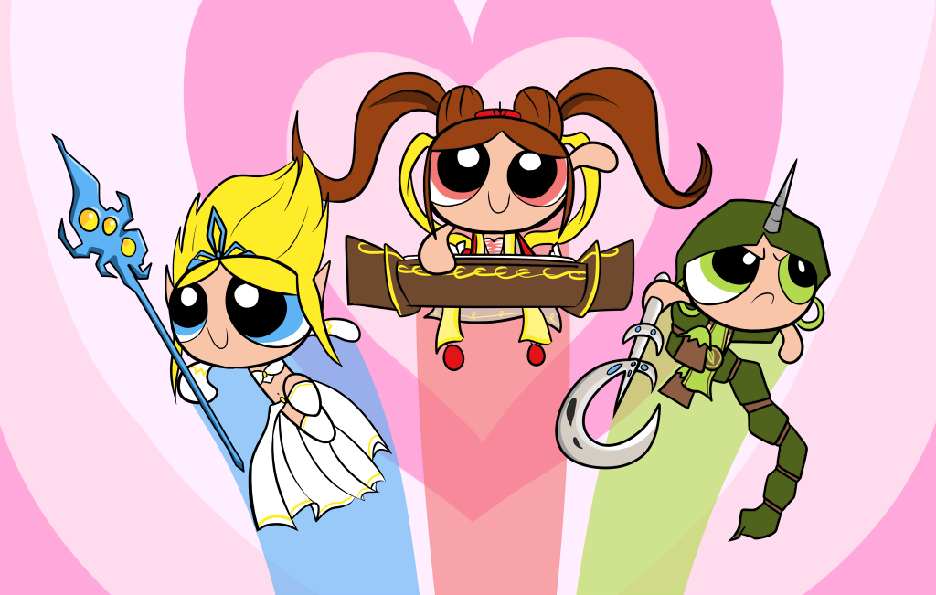 3girls 4ll alternate_costume blonde_hair blossom_(ppg) blue_eyes brown_hair bubbles_(ppg) bustier buttercup_(ppg) earrings etwahl frown green_eyes green_hair heart horn instrument janna_windforce jewelry league_of_legends long_hair multiple_girls navel parody powerpuff_girls red_eyes smile sona_buvelle soraka staff style_parody tiara twintails very_long_hair