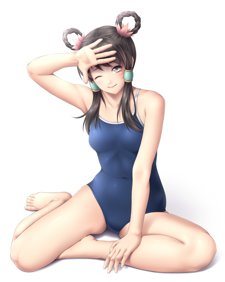 1girl bare_arms bare_legs bare_shoulders barefoot black_hair blue_swimsuit blush braid brown_hair closed_mouth female full_body hair_ornament hair_rings hair_tubes hand_up long_hair looking_at_viewer mochi.f one-piece_swimsuit one_eye_closed ringlets shading_eyes simple_background sitting smile solo soul_calibur soulcalibur swimsuit toes white_background wink yan_leixia yokozuwari