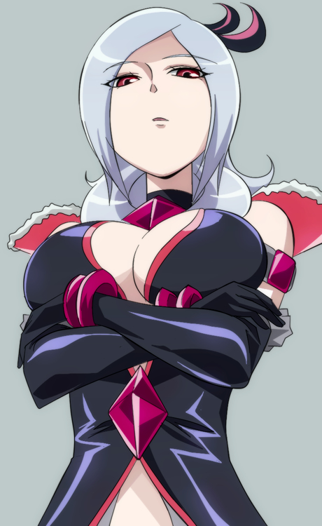 albino breasts cleavage coat crossed_arms eas fresh_precure! gloves grey_background higashi_setsuna manji_(tenketsu) precure red_eyes short_hair solo tenketu white_hair