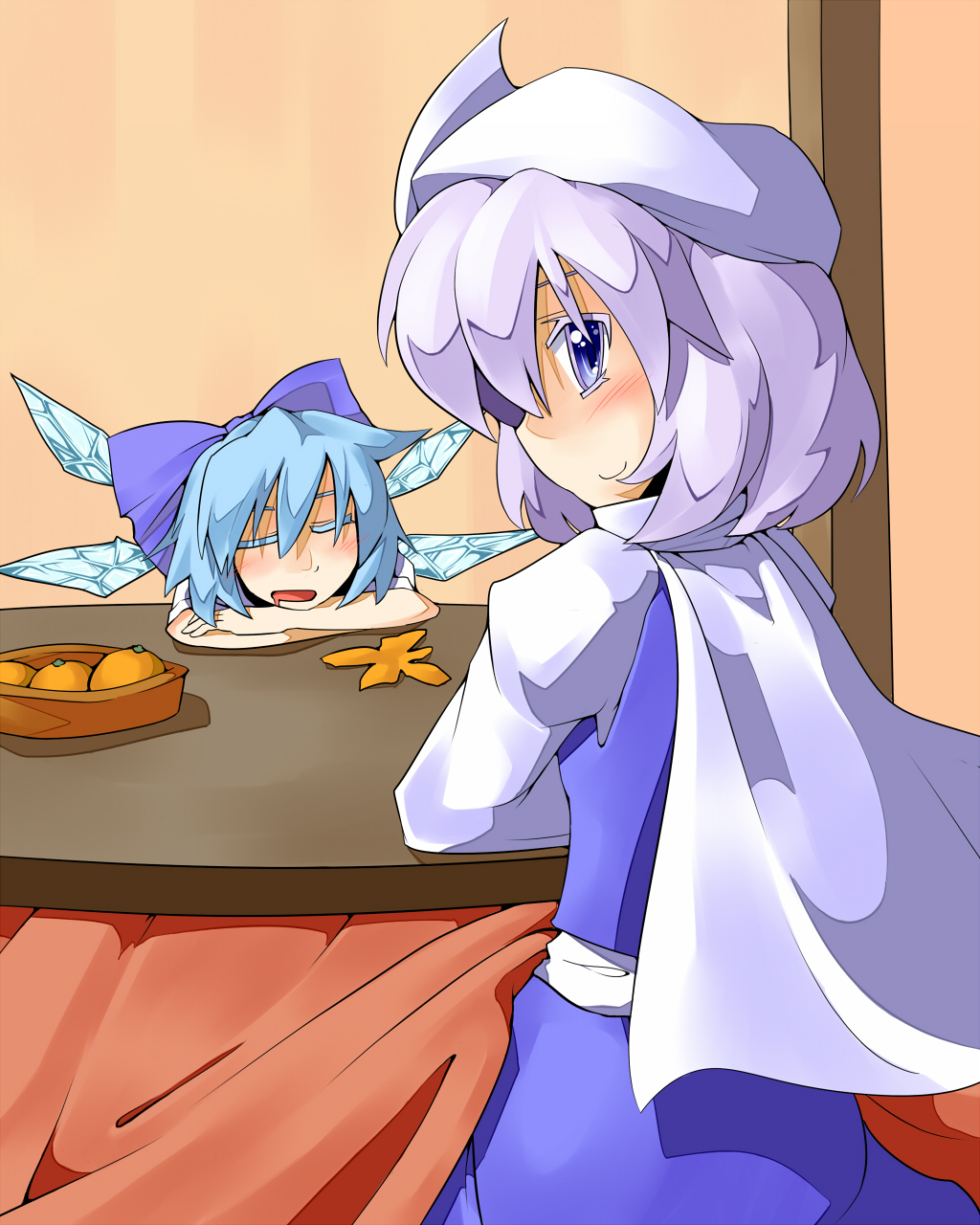 blue_eyes blue_hair blush cape cirno closed_eyes eyes_closed food fruit futomashio hat highres ice ice_wings kotatsu letty_whiterock long_sleeves multiple_girls open_mouth purple_hair short_hair sitting sleeping smile table touhou wings