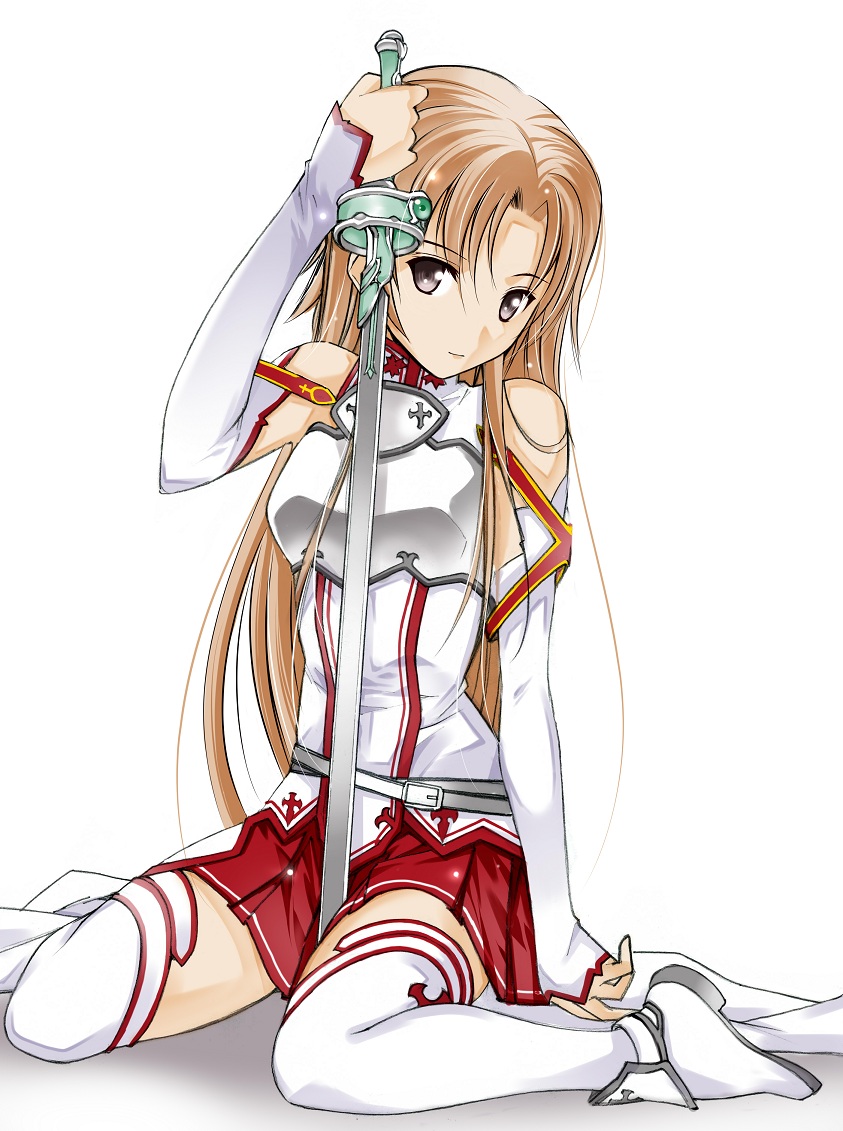 armor asuna_(sao) bare_shoulders between_legs black_eyes braid breastplate brown_hair detached_sleeves long_hair looking_at_viewer moonsorrow planted_sword planted_weapon pleated_skirt simple_background sitting skirt solo sword sword_art_online thigh-highs thighhighs wariza weapon white_background white_legwear zettai_ryouiki
