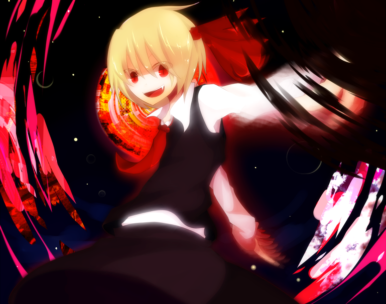 blonde_hair fang hair_ribbon long_sleeves onoue_ren open_mouth outstretched_arms red_eyes ribbon rumia short_hair slit_pupils solo touhou