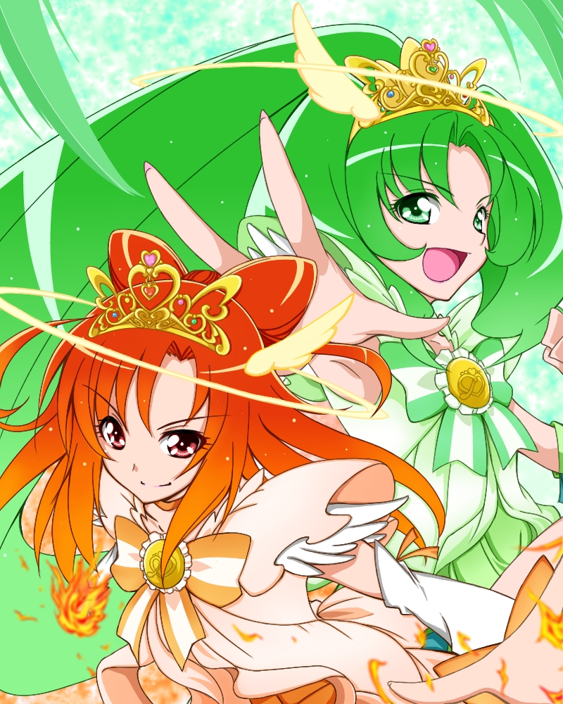 cure_march cure_sunny elbow_gloves flame gloves green_eyes green_hair halo head_wings hino_akane long_hair magical_girl midorikawa_nao nokokopopo open_mouth orange_hair ponytail precure princess_form_(smile_precure!) red_eyes smile smile_precure! tiara tri_tails wind