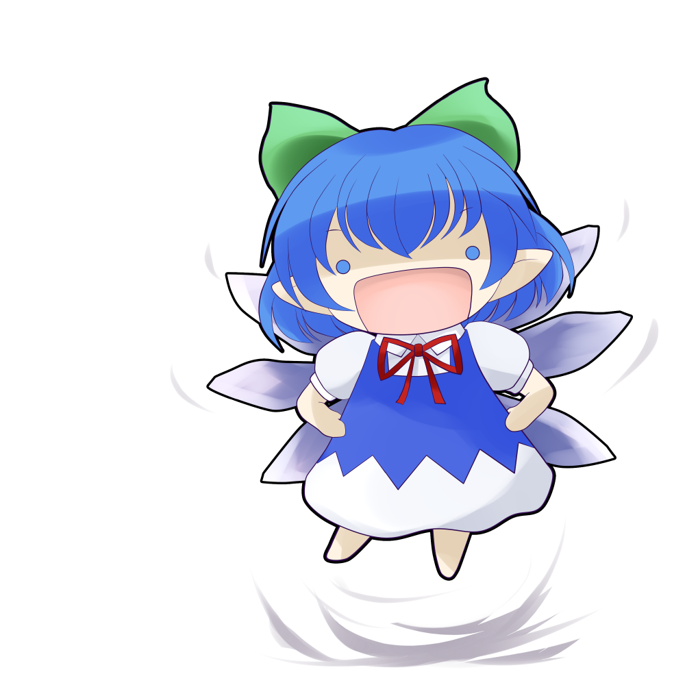 :d blue_eyes blue_hair bow cirno dress fairy fairy_(jintai) flying hair_bow hands_on_hips ice ice_wings jinrui_wa_suitai_shimashita looking_at_viewer open_mouth pointy_ears ribbon short_hair simple_background smile solo touhou white_background wings yume_shokunin