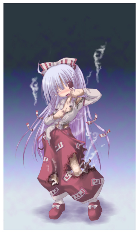 1girl albino artist_request blush burnt_clothes cleavage crying fang fujiwara_no_mokou hair_bows hair_ribbons hakama long_hair red_eyes smoke solo touhou white_hair wink