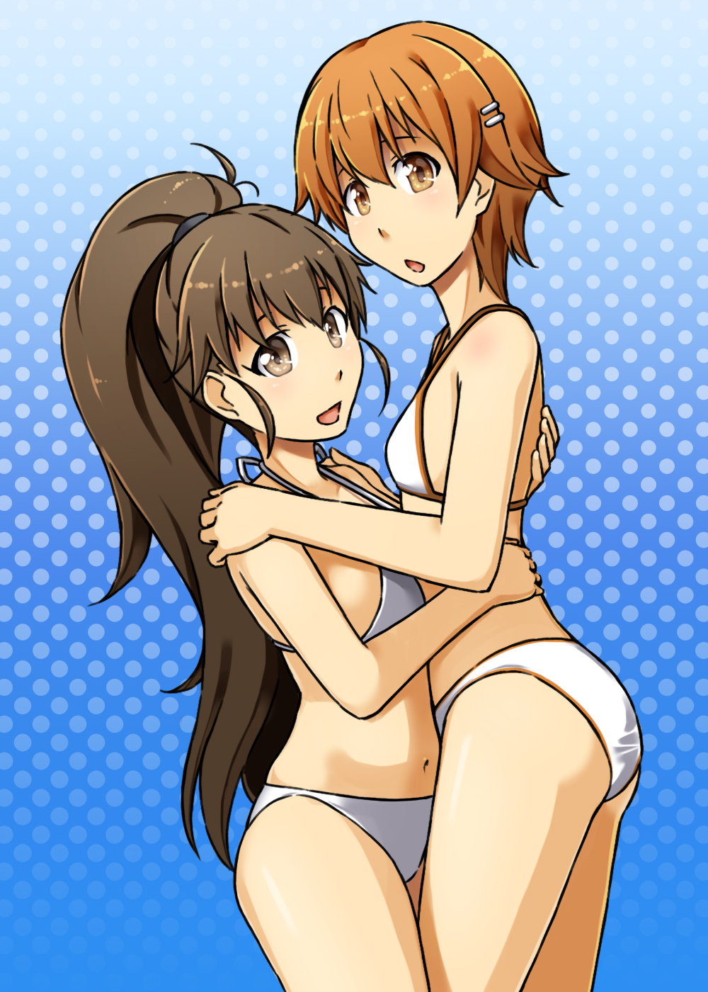 alto-00 bikini brown_eyes brown_hair height_difference highres inami_mahiru long_hair multiple_girls ponytail short_hair swimsuit taneshima_popura working!!