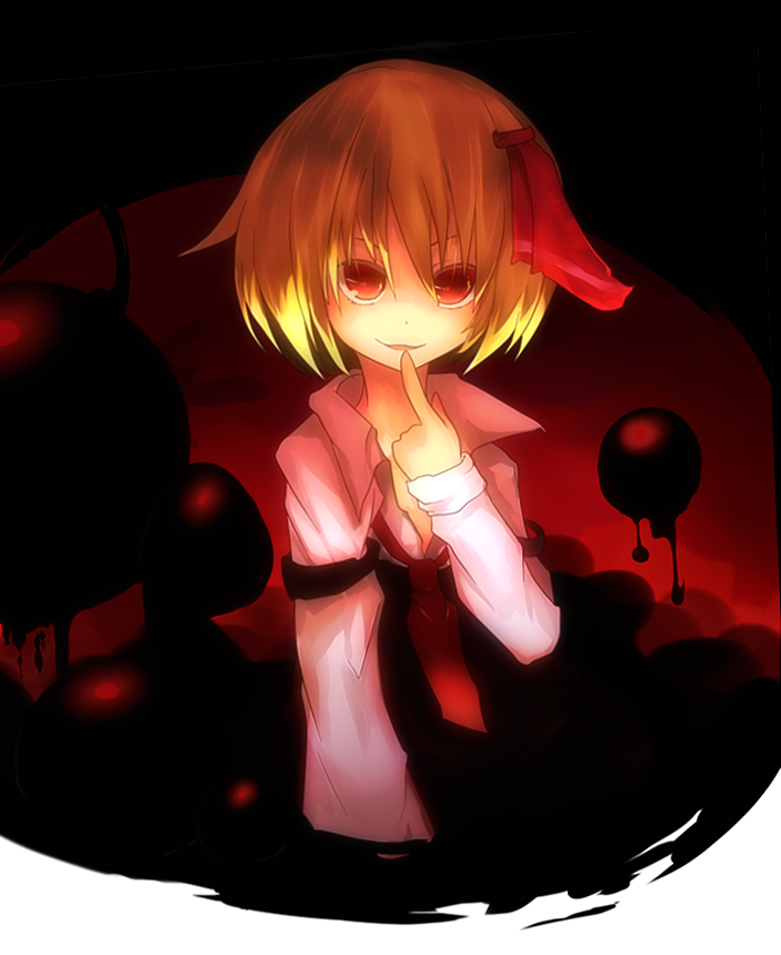 blonde_hair darkness hair_ribbon long_sleeves onoue_ren open_mouth red_eyes ribbon rumia short_hair smile solo touhou