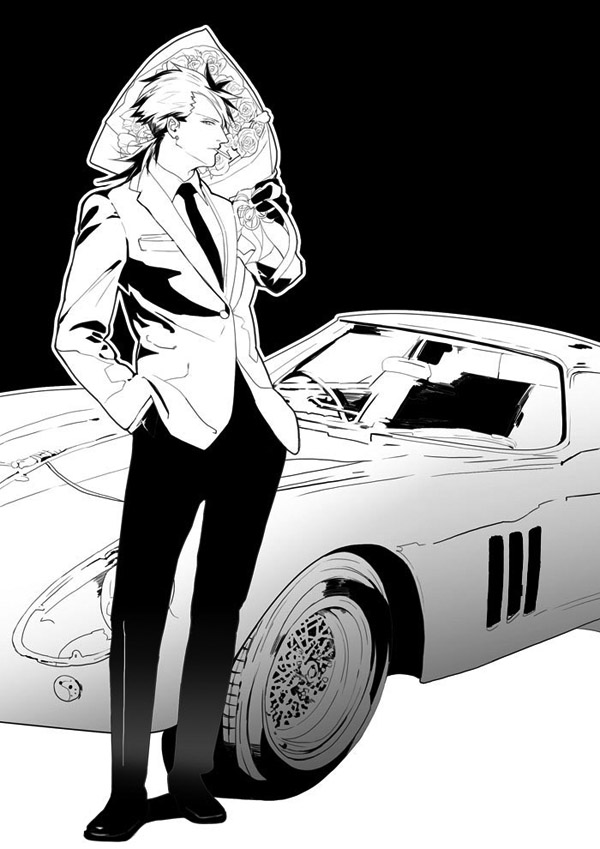 bouquet car fate/prototype fate_(series) ferrari ferrari_250_gto flower formal greyscale kireru lancer_(fate/prototype) long_hair monochrome motor_vehicle ponytail solo suit vehicle