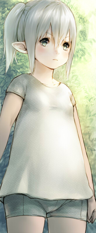 1girl bike_shorts blush character_request child final_fantasy final_fantasy_xiv flat_chest green_eyes grey_hair lalafell makimura_shunsuke petite plump pointy_ears ponytail shorts solo standing t-shirt