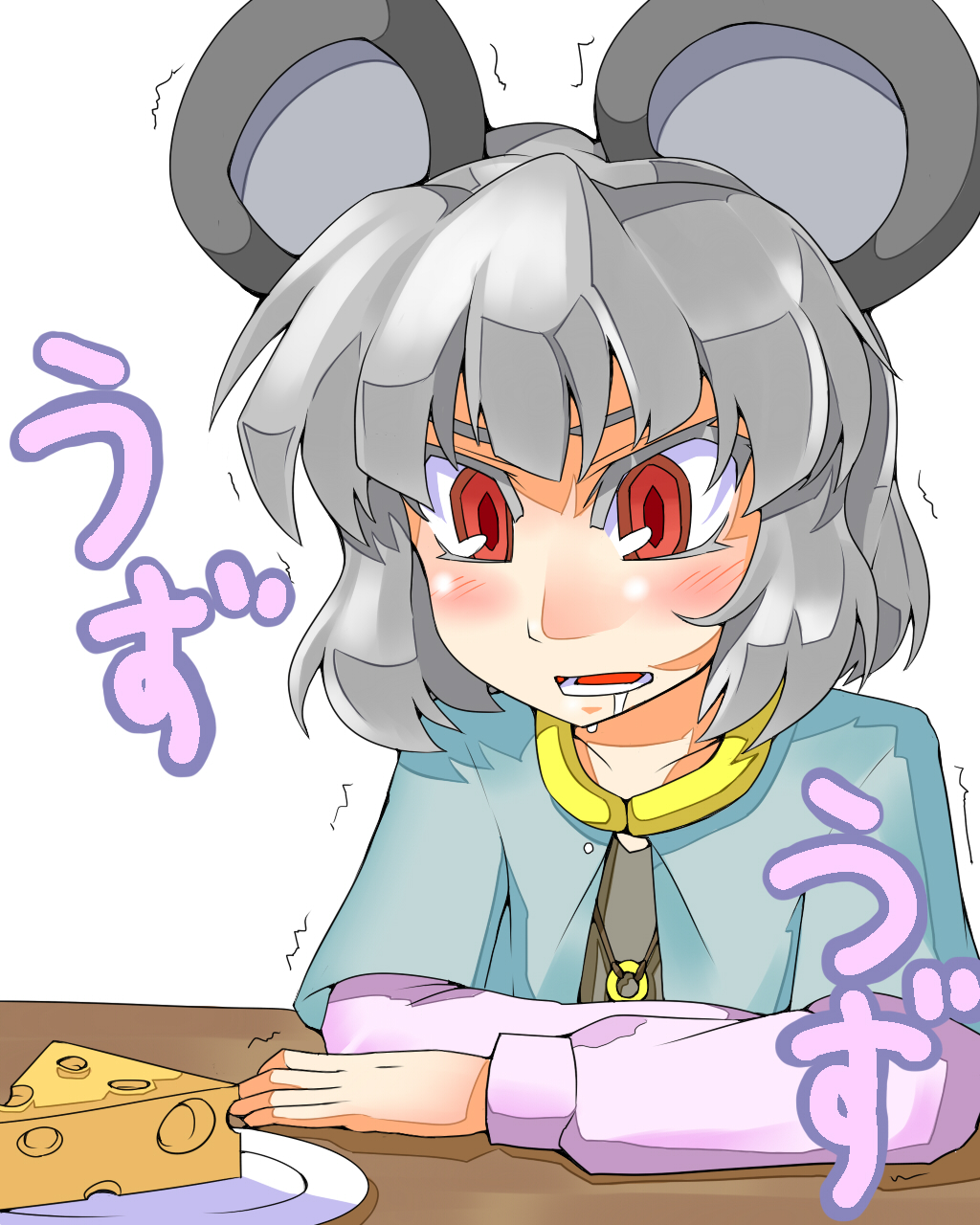 animal_ears blush capelet cheese drooling futomashio grey_hair highres long_sleeves mouse_ears nazrin open_mouth plate red_eyes short_hair solo touhou trembling white_background