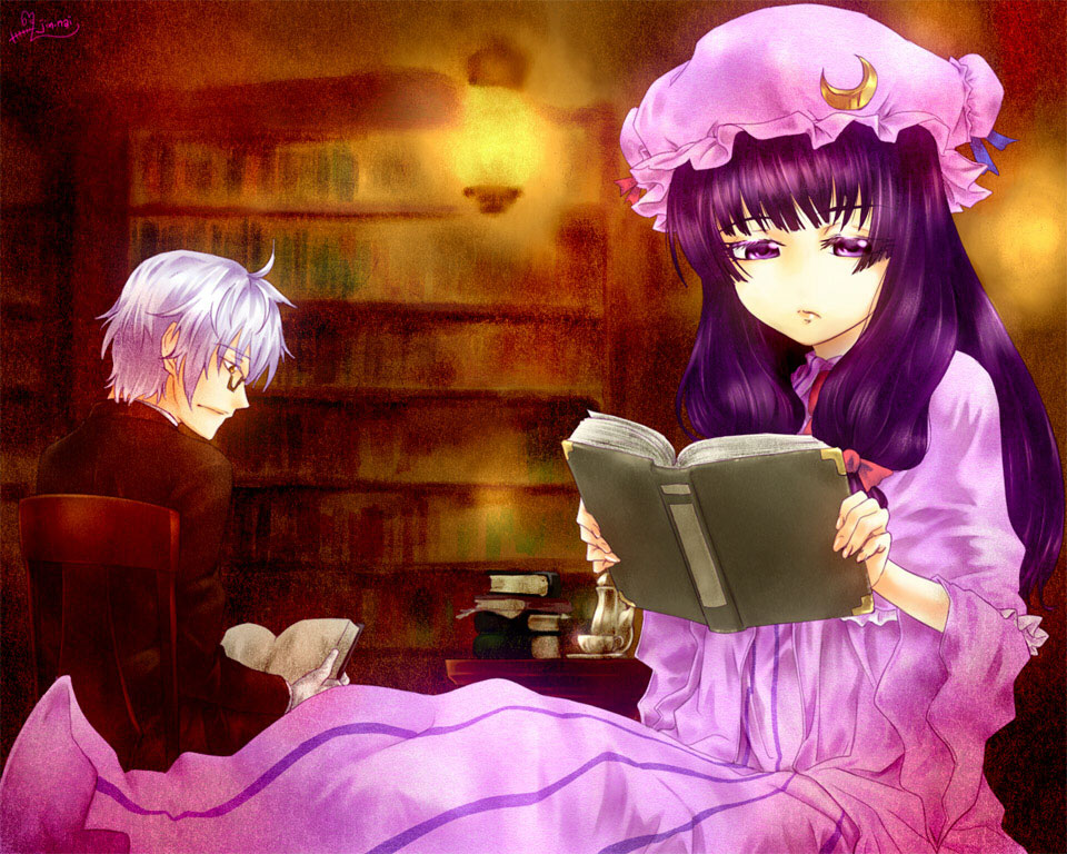 1girl ahoge alternate_costume book bookshelf butler capelet chair crescent glasses hat jin_nai long_hair long_sleeves morichika_rinnosuke open_book patchouli_knowledge purple_eyes purple_hair reading silver_hair sitting touhou violet_eyes wide_sleeves yellow_eyes