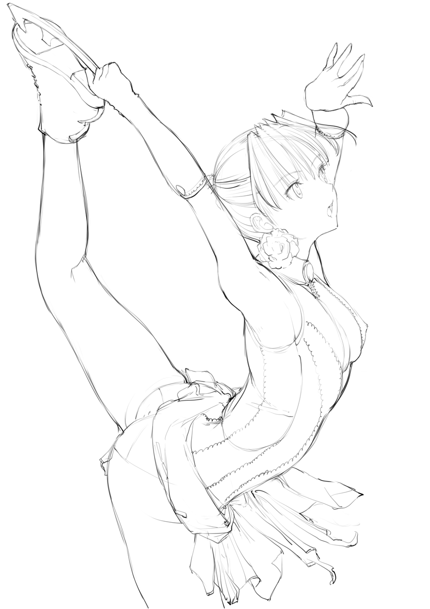 ass copyright_request figure_skating highres ice_skates leg_up lineart monochrome nakaba_reimei skates solo work_in_progress