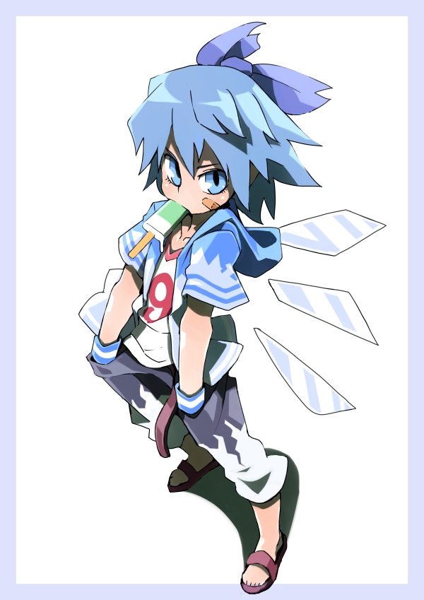 &#9320; ? alternate_costume blue_eyes blue_hair bow cirno clothes_writing collarbone d@i frame hair_bow hands_in_pockets hoodie looking_at_viewer mouth_hold pants popsicle shirt short_hair solo touhou wings Ã¢â€˜Â¨ â‘¨
