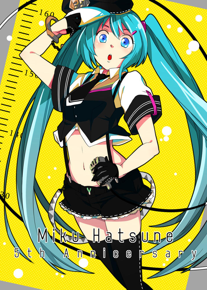 39 aqua_eyes aqua_hair character_name gloves hat hatsune_miku long_hair midriff navel necktie open_mouth solo suspenders thigh-highs thighhighs tomann twintails very_long_hair vocaloid