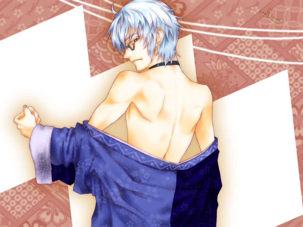 ahoge bare_back choker glasses jin_nai long_sleeves male morichika_rinnosuke silver_hair solo touhou undressing yellow_eyes