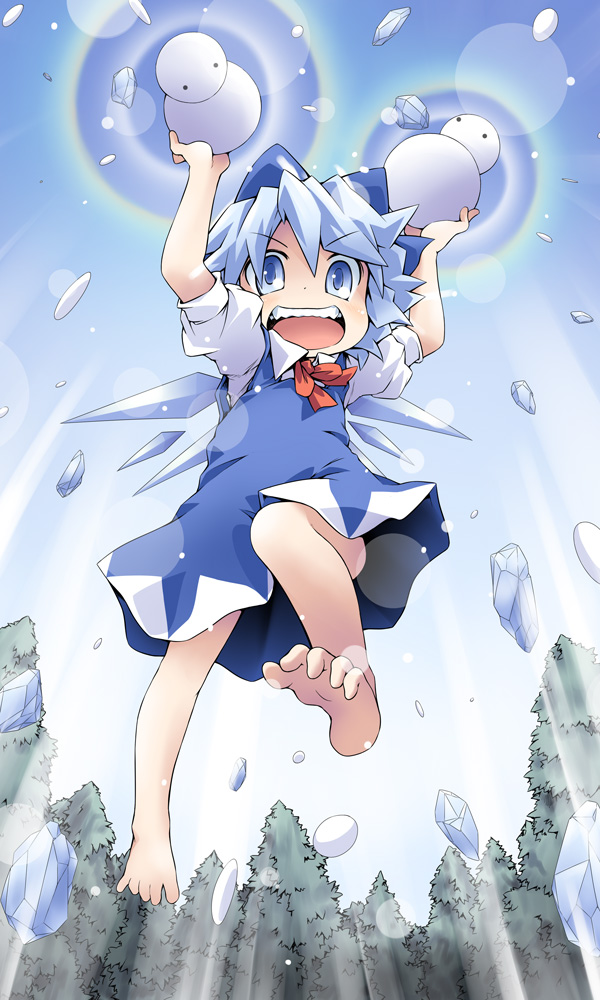 :d bare_legs barefoot blue_eyes blue_hair cirno dual_wielding feet forest ham_(points) ice jumping looking_at_viewer nature open_mouth short_hair smile snow snowman solo teeth touhou tree wings