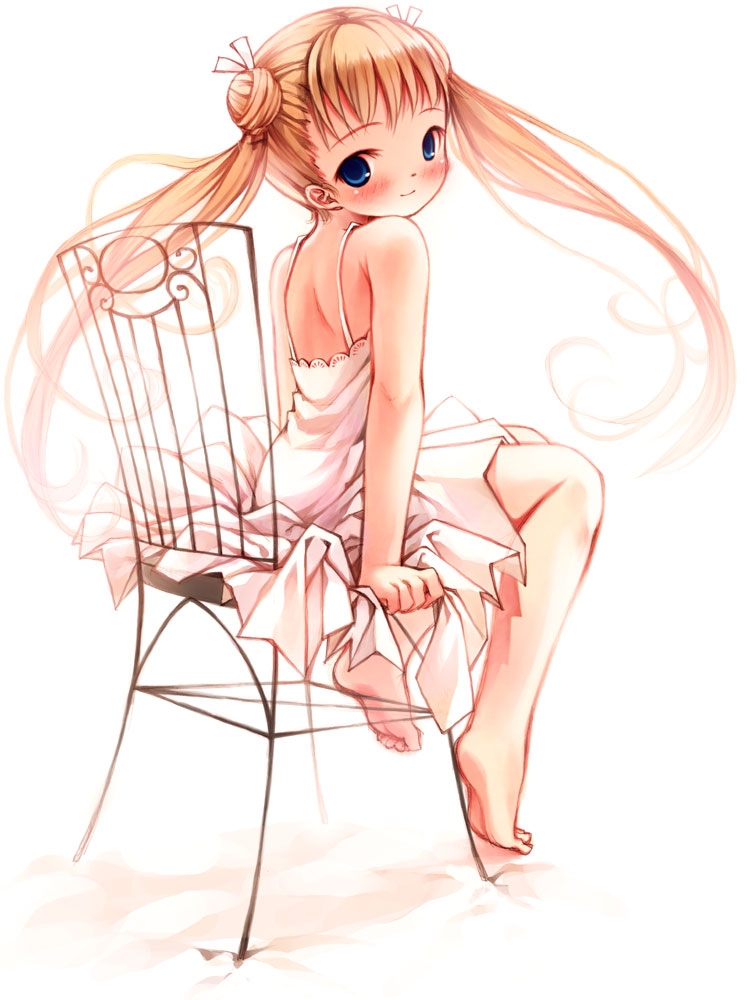 barefoot blue_eyes blush chair double_bun dress long_hair looking_back sitting skirt smile solo twintails yoshinari_atsushi