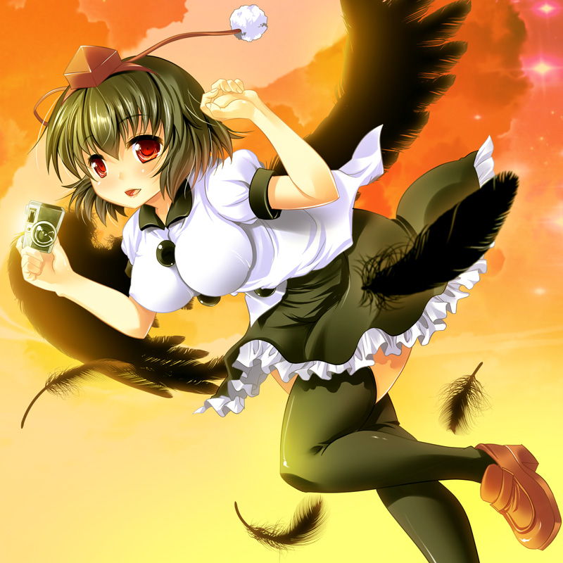 1girl bird_wings black_hair black_legwear black_wings breasts camera clouds feathers flying hat hat_ribbon large_breasts maki_(seventh_heaven_maxion) open_mouth puffy_sleeves red_sky ribbon shameimaru_aya shirt short_sleeves skirt sky smile solo thigh-highs tokin_hat touhou wings zettai_ryouiki