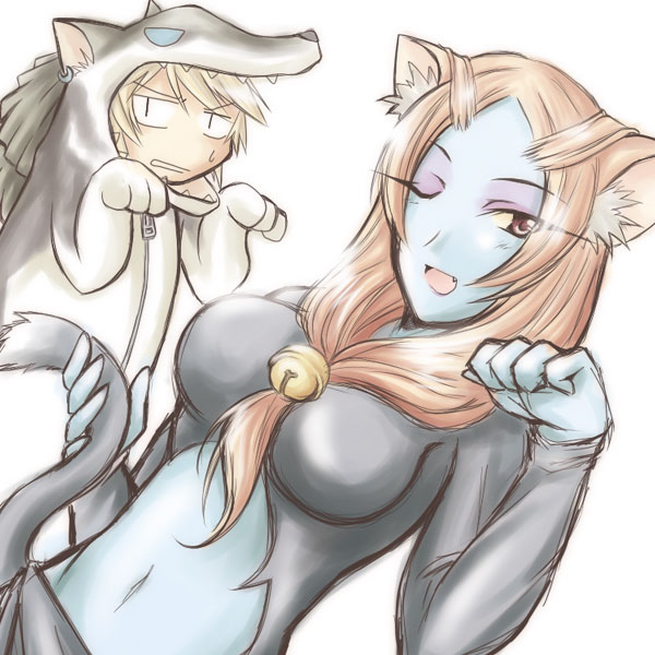 blue_skin breasts cat_ears catgirl dutch_angle fang link long_hair microspace midna midriff nintendo paw_pose pointy_ears sketch spoilers tail the_legend_of_zelda twilight_princess wink