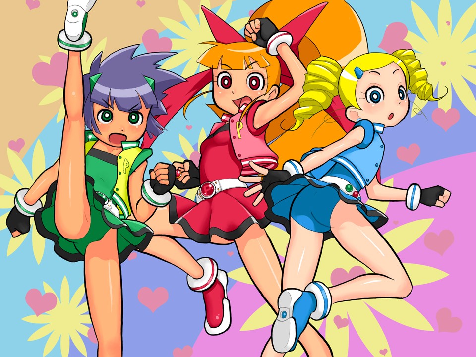 blossom blush bubbles buttercup gotokuji_miyako hyper_blossom kicking loli long_hair matsubara_kaoru powered_buttercup powerpuff_girls_z rolling_bubbles short_hair spandex