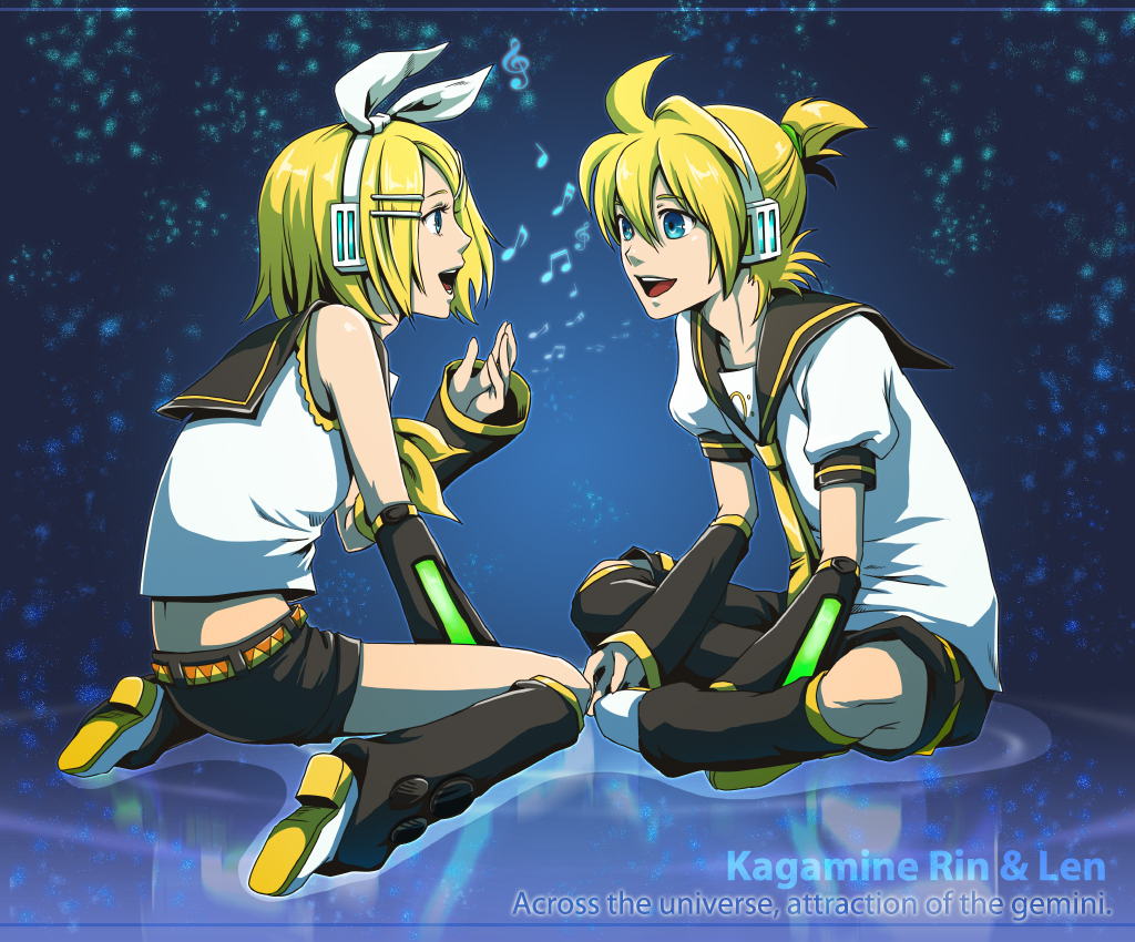 blonde_hair blue_eyes detached_sleeves hair_ornament hair_ribbon hairclip headphones kagamine_len kagamine_rin kneeling momopanda musical_note necktie open_mouth ponytail ribbon short_hair shorts siblings twins vocaloid