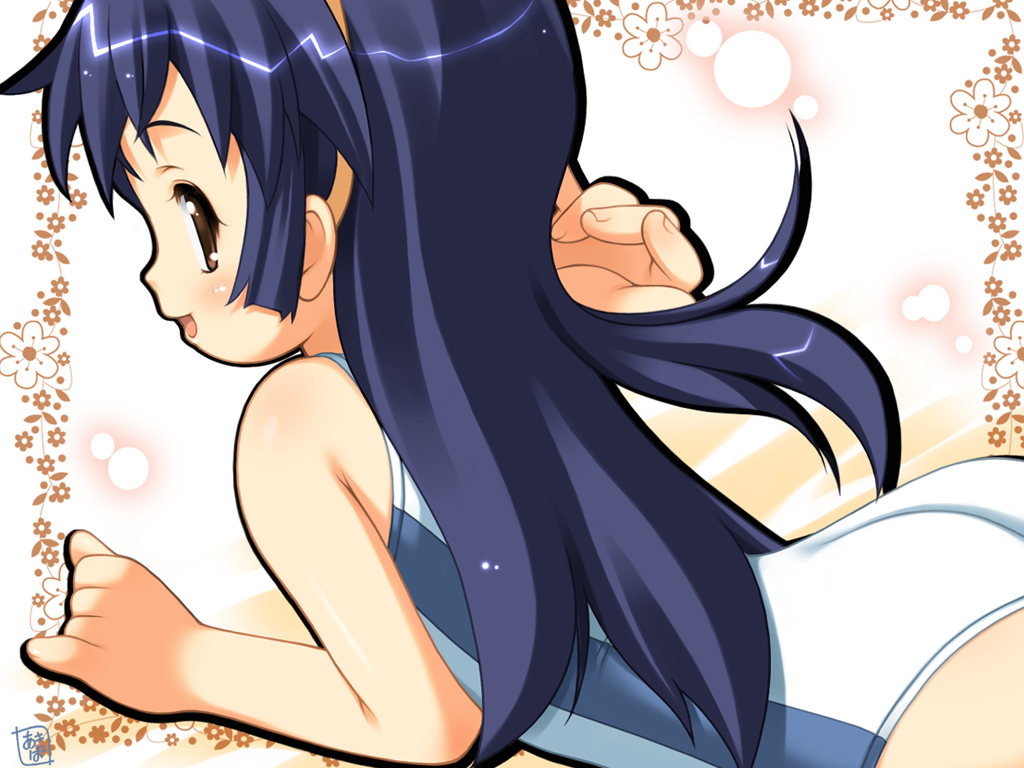 ass battle_programmer_shirase blue_hair blush brown_eyes child loli long_hair misao_amano one-piece_swimsuit solo swimsuit