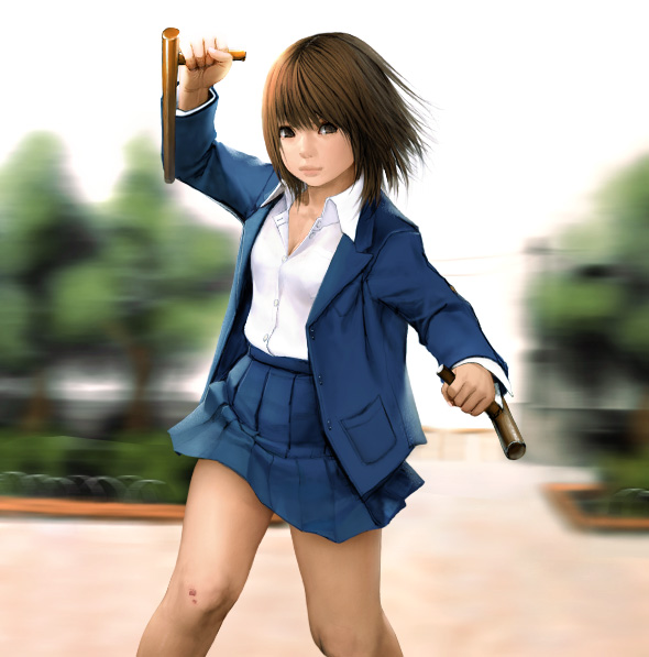 black_eyes brown_hair seifuku short_hair skirt tonfa uniform white_shirt