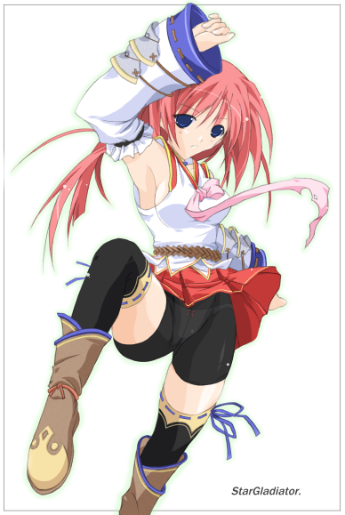 1girl ass_visible_through_thighs blue_eyes boots breasts female frame long_hair panties pink_hair ragnarok_online red_hair see_through shorts sideboob skirt solo source_request spandex taekwon_master thigh_highs thighhighs tokita uniform white_background