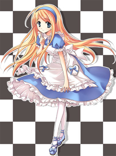 alice alice_in_wonderland blonde_hair blue_eyes blush checkered checkered_background dress finger_to_face frills hairband leaning_forward long_hair looking_at_viewer pantyhose ribbon smile solo yukiwo