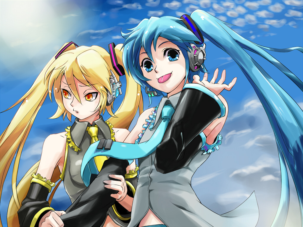 :p akita_neru alternate_hairstyle aqua_eyes aqua_hair blonde_hair detached_sleeves hatsune_miku haya-g headphones headset long_hair multiple_girls necktie side_ponytail sky smile tongue twintails vocaloid yellow_eyes