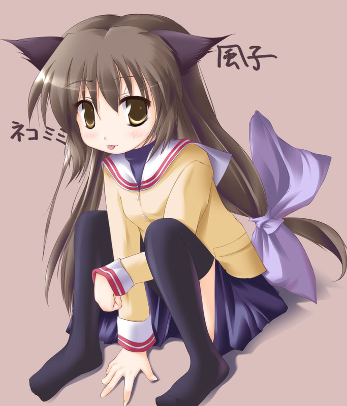 :p animal_ears black_legwear bow brown_eyes brown_hair cat_ears clannad fuuko_ibuki hair_bow huge_bow ibuki_fuuko long_hair nekomimi pleated_skirt pony_tail safi school_uniform seifuku simple_background sitting skirt solo thigh_highs thighhighs tongue tongue_out uniform